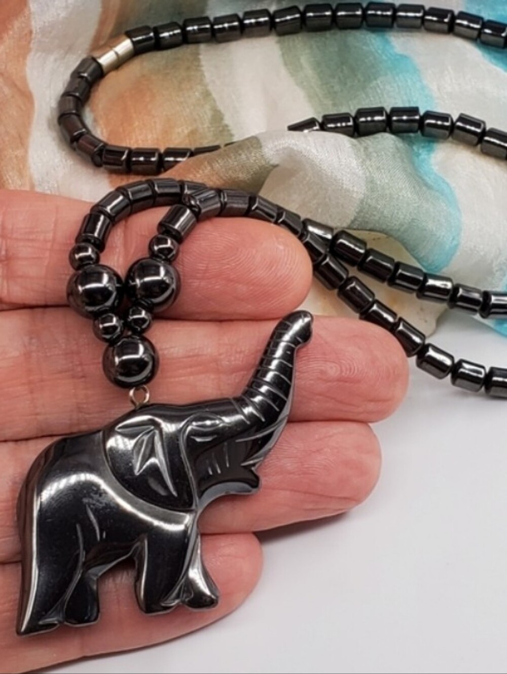 ❤️Hematite Natural Stone Elephant Pendant Necklace Animal Boho Jewelry